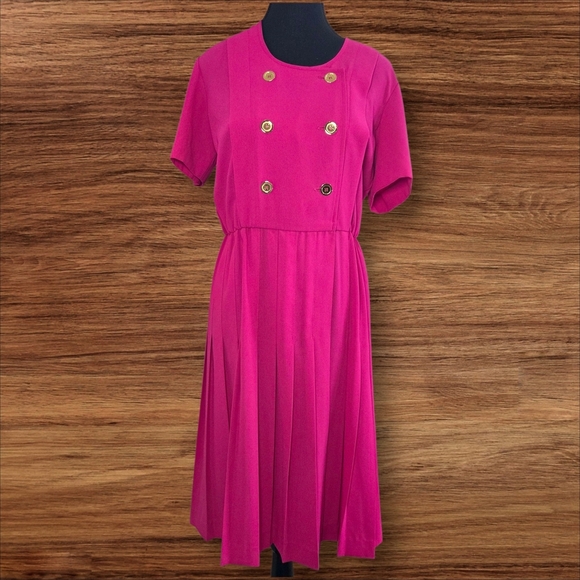 Liz Claiborne Fuchsia Double-Breasted Pleated Skirt Midi Dress Size 4 - Picture 2 of 8